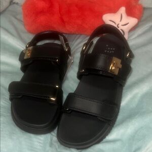 A New Day Black Sandals with Gold Buckles